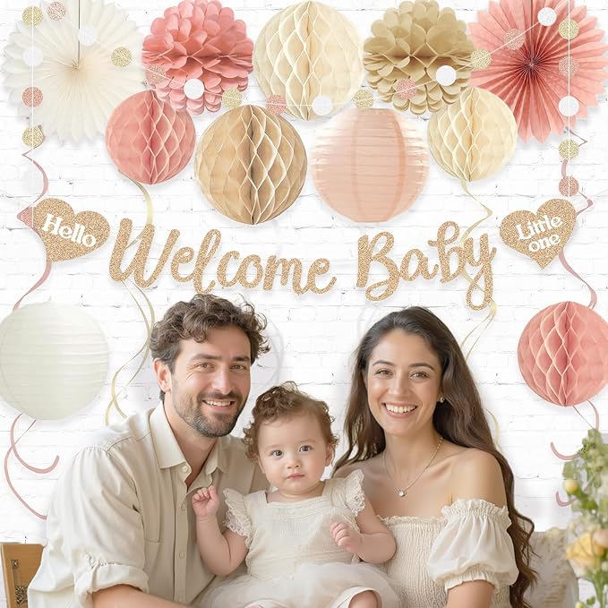 Boho Blush Pink Baby Shower Decorations for Girl, Pre-Strung, 24pcs | Welcome Baby Sign, Honeycomb Balls, Paper Flowers, Lanterns, Fans, Streamers, Dots Garland for Girl Baby Shower Decorations