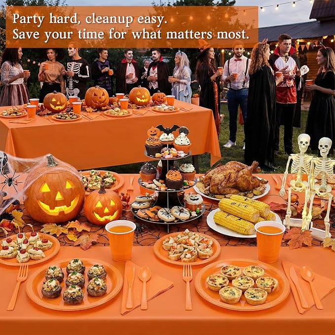 352 Pcs Orange Plastic Plates Party Set, 50 Guests Disposable Dinnerware Set with Orange Tablecloths, Vibrant Orange Plastic Plates Party Set for Birthday/Halloween/Fall Party/Fiesta
