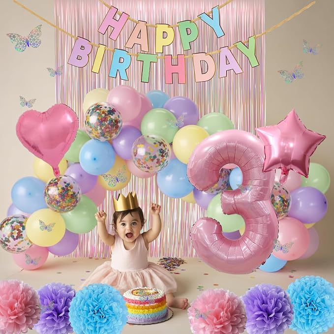 Pastel 3rd Birthday Party Decorations for Girls Number 3 Balloon Happy Birthday Banner Butterfly Stickers Fringe Curtain Paper Pom Poms Macaron Pink Star Heart Foil Colorful Balloons 3 Year Old Decor