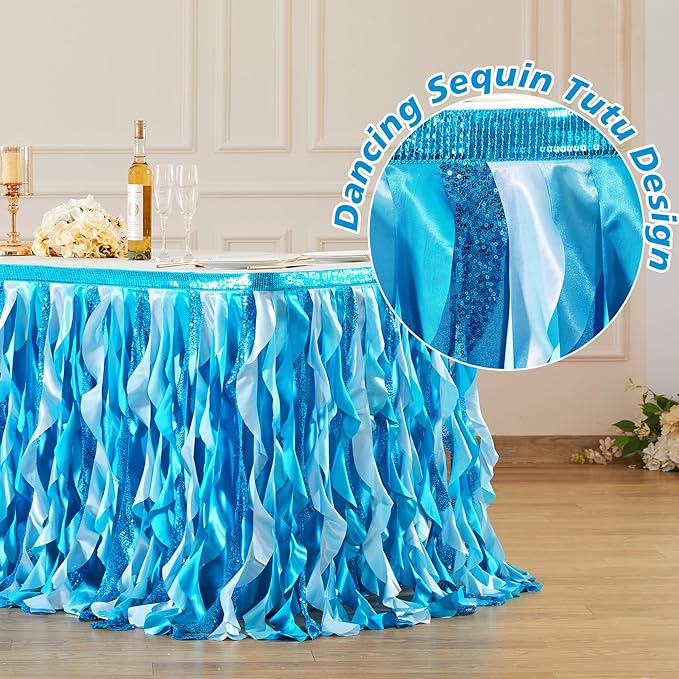 Wish Care 6ft Blue Sequin Table Skirt for Rectangle Tables Curly Willow Ocean Tutu Skirt Under The Sea Baby Shark Ruffle Table Cloth Desk Skirts for Birthday Baby Shower Theme Party Table Decorations