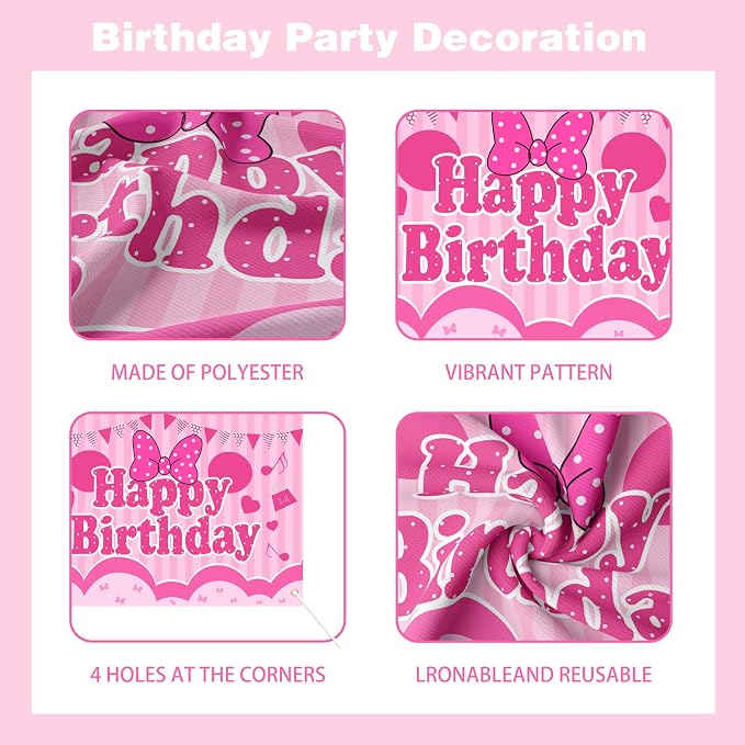 Pink Polka Dot Birthday Decorations for Girls, Cartoon Mouse Theme Party Supplies Include Balloon Arch Garland, Bow Backdrop, Tablecloth, Cake Toppers, Large Foil Bow Balloon for 1st 2nd 3rd