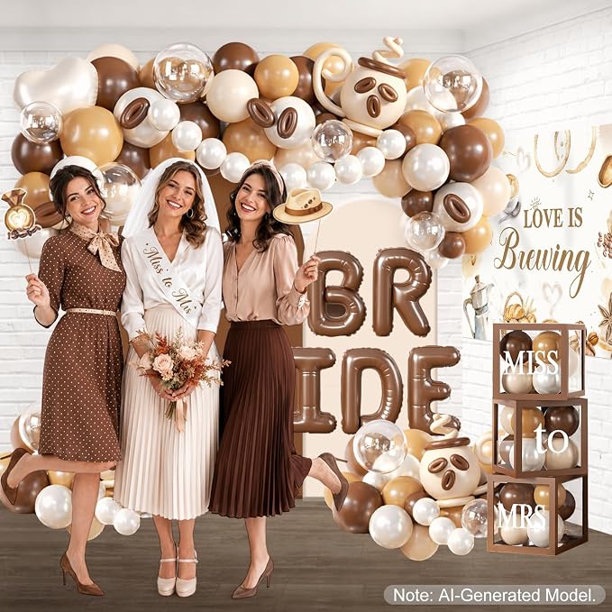 316 pcs Love Is Brewing Bridal Shower Decorations, All-in-One Bridal Shower Decor Set for 25 Guests with Balloon Arch, Bridal Veil, Tablecloth, Backdrop, Cake Topper, Thick Plates and Photo Props