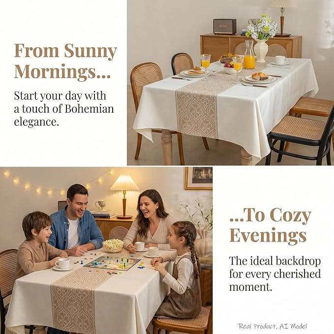 Boho Faux Linen Tablecloth, Rectangle Vintage Geometric Cover | Spillproof & Wrinkle Free Minimalist Center Table Cloth for Farmhouse Kitchen Dining Room Decor