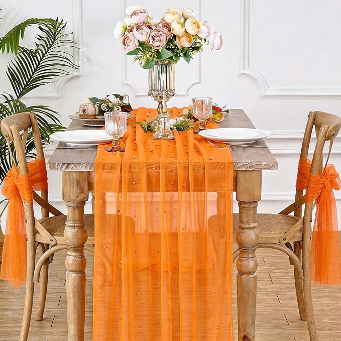 Gauze Pearl Table Runner Tulle Fabric: 10ft Seasonal Dessert Chiffon Pearl Lace Boho Overlay Wedding Veil Outdoor Wedding Aisle Runner Halloween Fall Party Decorations Doilies,Orange