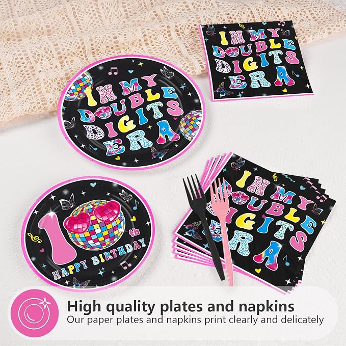 96Pcs 10th Birthday Party Decoration In My Double Digits Era Plates and Napkins Double Digits Tableware Set for Girls’ 10-Year-Old Birthday Party Supplies, Serves 24