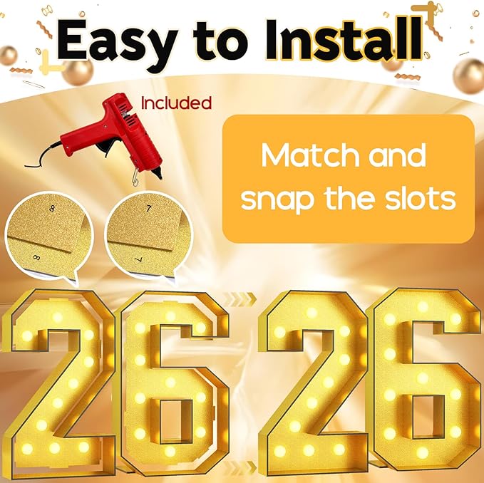 Light Up Numbers 26, Marquee Light Up Numbers Gold 4FT, Large Led Number Lights for 4th Birthday, 4 Feet Tall DIY Frame Pre-cut Foam Board Kit for Birthday Graduation New Year Party Decorations
