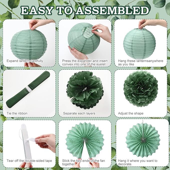 Soulchen 18 Pcs Greenery Classroom Decor Sage Green Paper Lanterns Set Classroom Ceiling Hanging Decorations Hanging Greenery Tissue Pom Poms Fans Decor for Neutral School Boho Birthday Party
