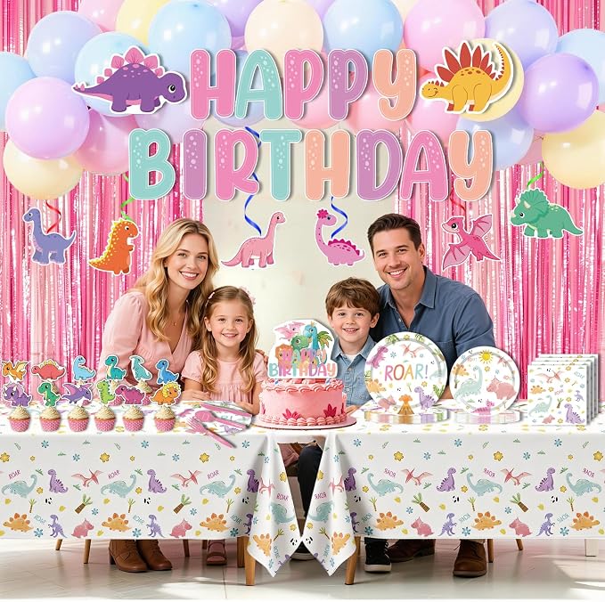 266PCS Dinosaur Party Birthday Decorations - Party Supplies Included Foil Fringe, Banner, Tablecloth, Hanging Swirls, Cupcake Toppers, Tableware, Paper Towel, Latex Balloons (Dinosaur-1)