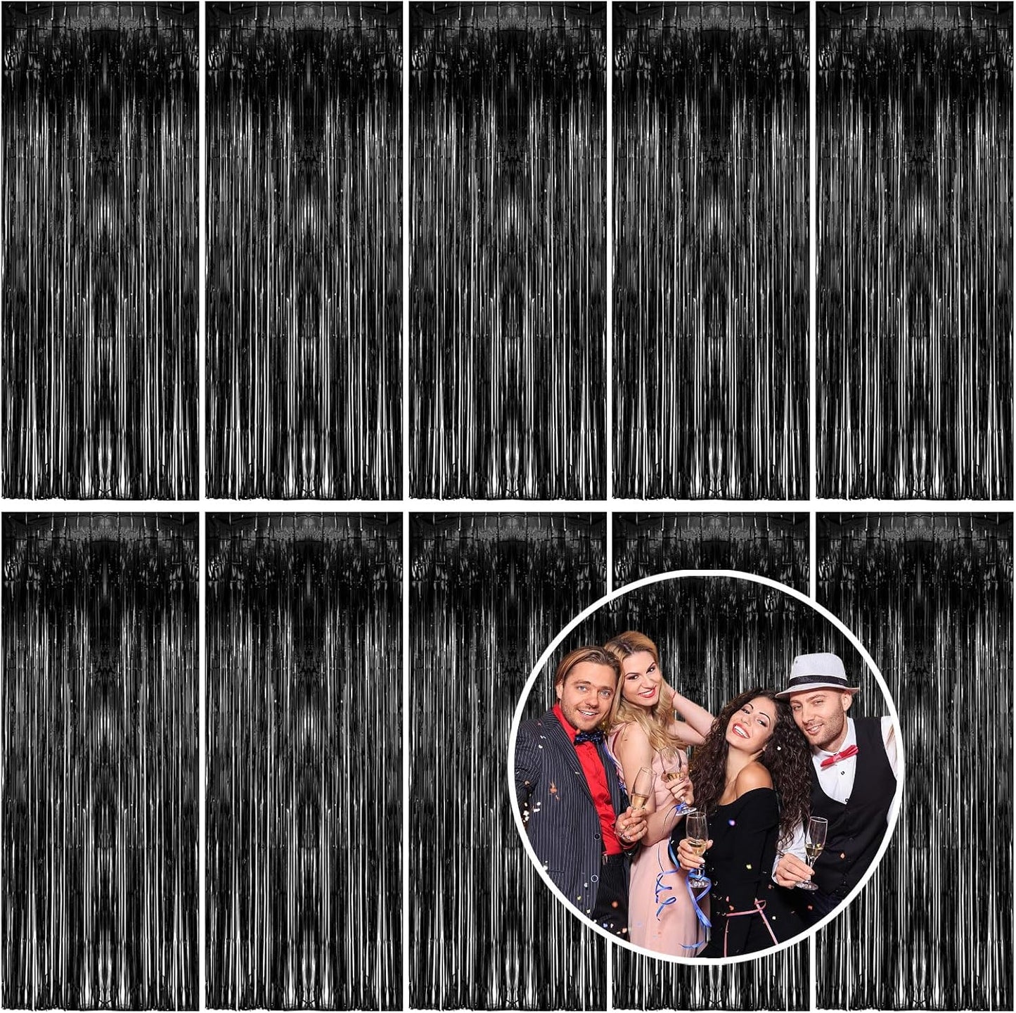 10 Pack Foil Curtain Backdrop Black Metallic Tinsel Foil Fringe Curtains Photo Booth Props for Birthday Wedding Engagement Baby Shower Bachelorette Christmas Holiday Celebration Party
