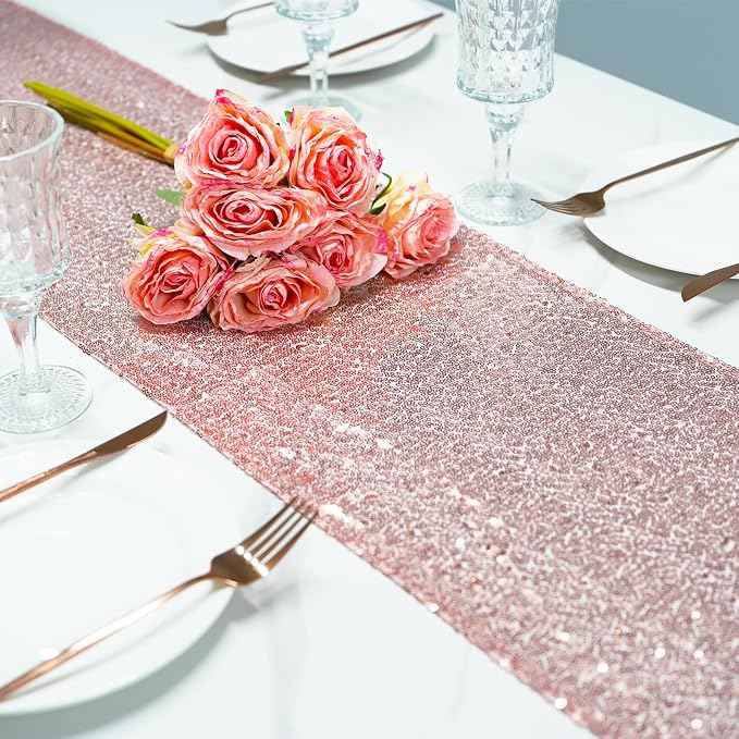12x108 inch Rose Gold Sequin Table Runner Sparkly Glitter Table Linens 6 Packs for Party Decorations Wedding Birthday Baby Shower Engagement Anniversary