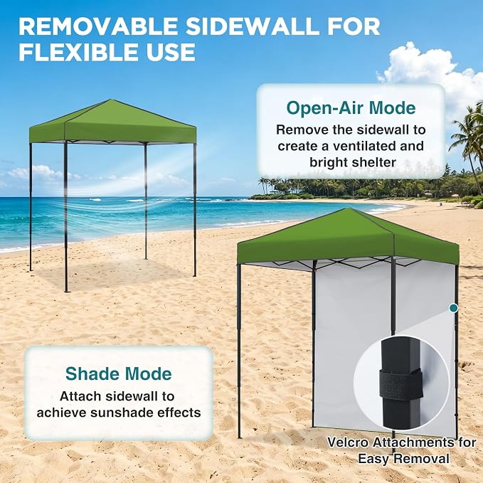 EAGLE PEAK 6x4 Instant Pop Up Canopy Tent with 1 Side Wall Panel, Straight Leg Sun Shelter, Portable Canopy with Carry Bag for Camping, Beach & Sports, Grass Green
