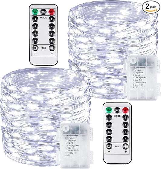 2 Pack 100 LED Fairy Lights Battery Operated with Remote, 8 Modes String Lights Indoor Outdoor, Cuttable Battery Light for Home Bedroom Wedding DIY Centerpiece Christmas Decorations (Cool White)