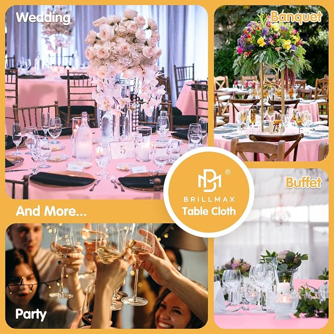 BRILLMAX 8 Pack Pink Round Tablecloths 90 Inch for 60” Tables - 150 GSM Polyester Fabric, 15" Standard Drop, Water, Stain & Wrinkle Resistant Cloth Cover for Wedding Reception Banquet Dining Party