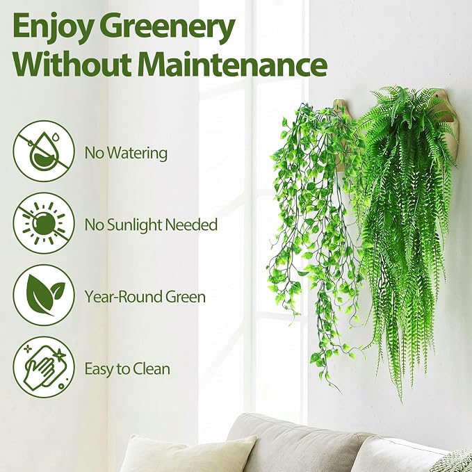 Daifunli 12 Pcs Artificial Hanging Plants Fake Hanging Ferns Plastic Fake Plant for Wall Room Garden Garland Indoor Outdoor Decor No Basket (Ivy,Boston Ferns)