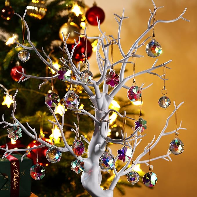 XunYee 36 Pcs Crystal Glass Christmas Balls Ornaments, 1.18" Mini Hanging Crystal Prism Xmas Tree Decorations Pendants for Home Wedding Birthday Party Holiday Decorations(AB Color,Mixed Styles)