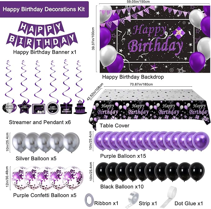 Black Purple Birthday Decorations for Women Girls Men, Purple and Silver Party Decorations Happy Birthday Banner Backdrop Confetti Silver Balloons Arch Hanging Swirls Party Supplies Tablecloth