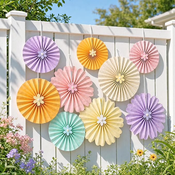 Pastel Paper Fans, Pastel Decorations for Party, Birthday, Classroom, Birthday, 9 PCS Yellow, Pink and Purple Pastel Paper Flower Decorations for Baby Shower, Wall Decor
