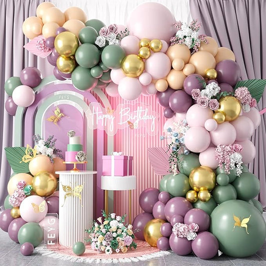 Dusty Green Purple Pink Balloon Arch Kit, Pastel Balloons Garland Party Decorations with Green Pink Lavender Purple Balloons for Girls Tea Party Birthday Baby Shower Bridal Wedding Party