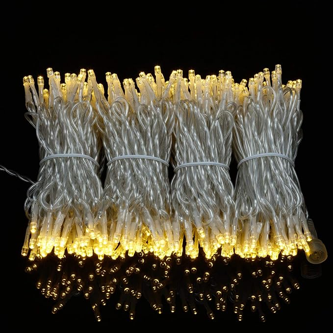 YULETIME 300 Warm White String Lights, 100 ft 8 Models Clear Wire 5mm LED | Wide Angle Bulbs, Safe 29V Adapter, Multimode Lighting, Connectable, 100' Total Length, 1-Strand 300 Lights, 4" Spacing