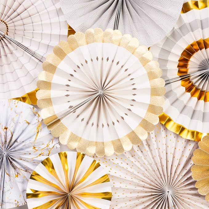 PapaKit 8-Piece Origami Paper Fan Set - Ivory & Marble & Gold Metallic - Reusable Hanging Pinwheel Wall Backdrop for Birthday, Wedding, Bridal Shower, Baby Shower, & Boho Party Decorations