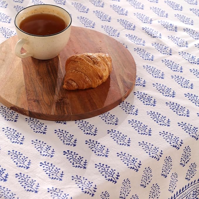 Hand Block Printed Tablecloth, Colorful Floral Print, Indian Artisan Handmade Art, Dining Room, Kitchen, Outdoor Décor, (Blue Buti, 12 Seater 72 x 135 Inches Rectangle)