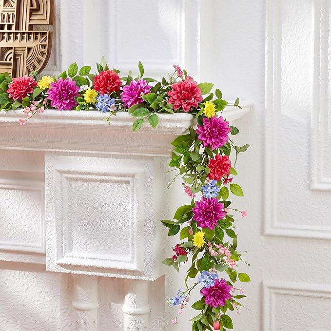 Giegxin 1 Pack 6 ft Artificial Flower Garland Flower with Dahlia and Wildflower Pink Purple Fake Wisteria Vines Summer Greenery Eucalyptus Garland for Wedding Mantle Porch Stair Table Indoor Decor