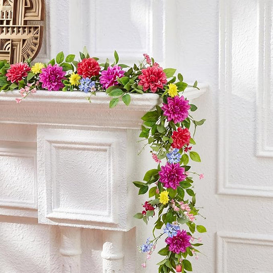 Giegxin 1 Pack 6 ft Artificial Flower Garland Flower with Dahlia and Wildflower Pink Purple Fake Wisteria Vines Summer Greenery Eucalyptus Garland for Wedding Mantle Porch Stair Table Indoor Decor