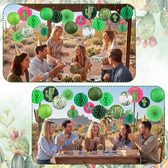 Retisee 18 Pcs Cactus Party Decorations Succulent Hanging Paper Lanterns Plant Honeycomb Fans Honeycomb Ball for Cactus Taco Bout a Theme Birthday Baby Shower Decorations
