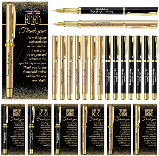 Feifeiya 50 Set 55th Birthday Party Favor for Guest Anniversary Party Favor with Black and Gold Ballpoint Pens and Thank You Cards for Women Men Birthday Anniversary Appreciation Gifts