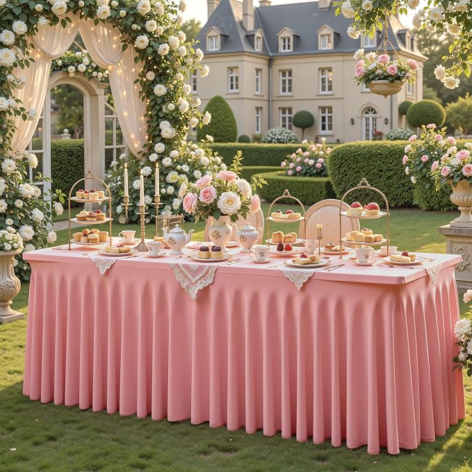2 Packs Dusty Rose Spandex Table Cloths 8 Foot, Fitted Stretch Table Cover with Skirts 30x96 Inch, Wrinkle-Free Floor Length Tablecloths Rectangular for Weddings Parties Banquets Events Decorations