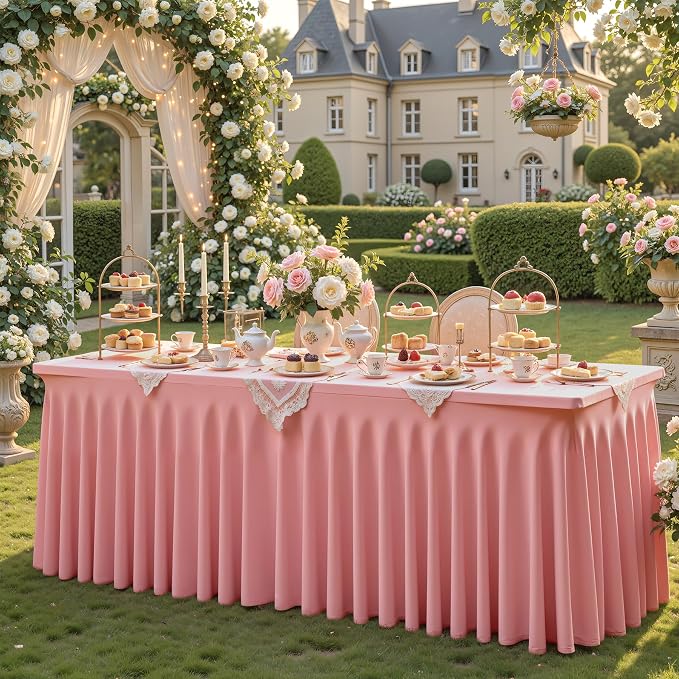 2 Packs Dusty Rose Spandex Table Cloths 6 Foot, Fitted Stretch Table Cover with Skirts 30x72 Inch, Wrinkle-Free Floor Length Tablecloths Rectangular for Weddings Parties Banquets Events Decorations