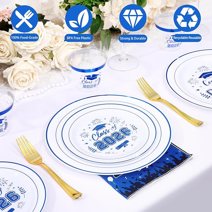 150 Pcs 2026 Graduation Plastic Plates with Disposable Silverware Serves 30 Guests, White Blue Graduation Disposable Plates Including 30 Dinner&Dessert Plates, Cups, Napkins, Gold Forks for Party