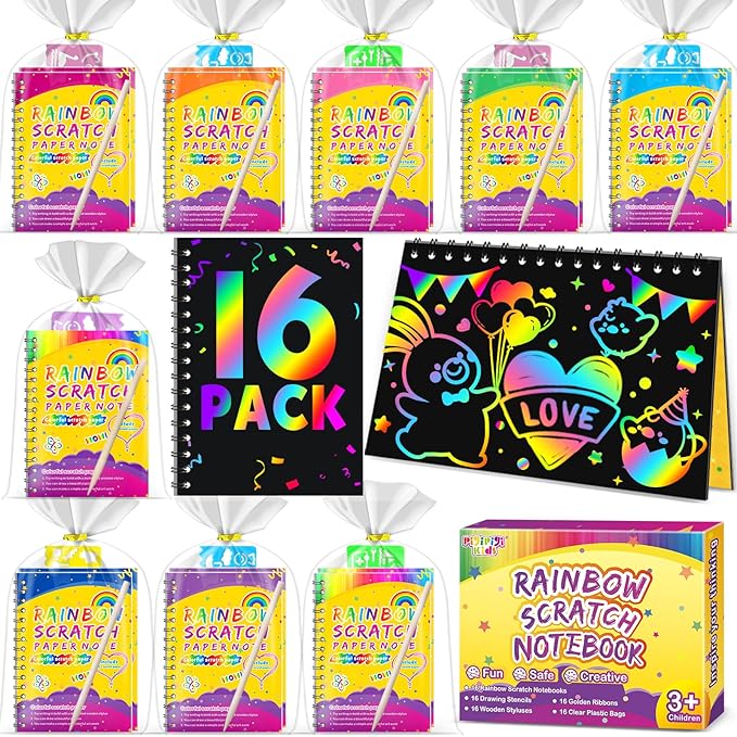 Party Favors for Kids 4-8-12: 16 Pack Scratch Rainbow Art Crafts Notebook, Coloring Book Goodie Bags Stuffers Kit, Bulk Birthday Gift Classroom Prizes Girl Boy Toddler