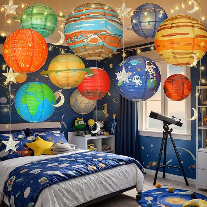 Baquler 32 Pcs Space Ceiling Decoration for Classroom Solar System Paper Lanterns Galaxy Star Moon Hanging Ornament 30 ft LED String Lights Hook Rope for Back to School Kid Party VBS Decor