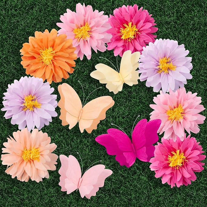 SUNBEAUTY 12 PCS Giant Paper Flowers Large Butterfly Party Decorations Pink Orange Large Tissue Paper Flower for Wall Hanging Butterflies for Birthday Spring Garden Wedding Backdrop Bridal Shower