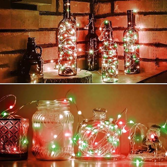 QITONG 4 Pack Solar Fairy Lights, Each 33ft 100 LED Red and Green Christmas String Light Outdoor Waterproof, 8 Modes Silver Wire Twinkle Mini Lights