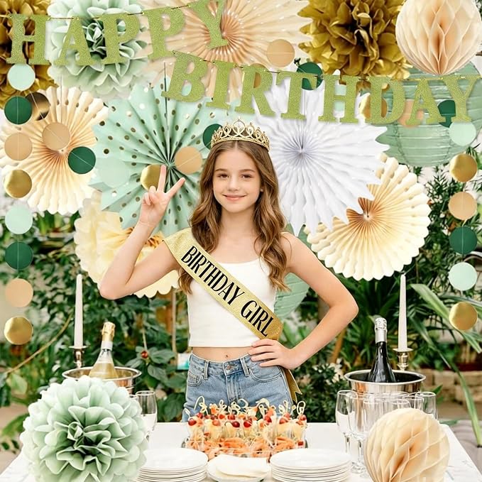 Sage Green Birthday Party Decorations Kit, Paper Fans, Pom Poms, Lanterns, Garland, Happy Birthday Banner, Crown & Birthday Girl Sash