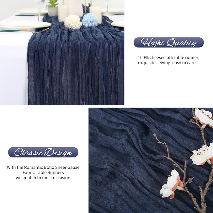 10 Pack Navy Blue Cheesecloth Table Runner 10FT Boho Romantic Gauze Table Runner 20 x 120 Inch Rustic Sheer Runner for Wedding Party Bridal Shower Thanksgiving Christmas Decoration