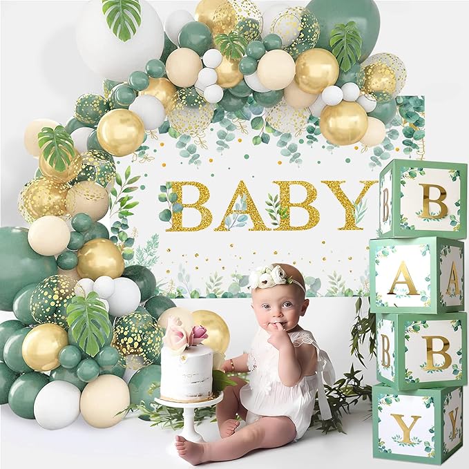 DataMoon Sage Green Baby Shower Decorations 125PCS Green Balloon Arch Kit, Balloon Boxes, Backdrop for Woodland Jungle Theme Baby Shower Decor Gender Reveal Birthday Party Supplies