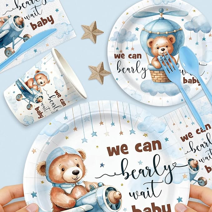 168pcs We Can Bearly Wait Plates Napkins Bear Baby Shower Party Supplies Disposable Tableware Set Teddy Bear Baby Shower Party Decorations Serve 24 Guests