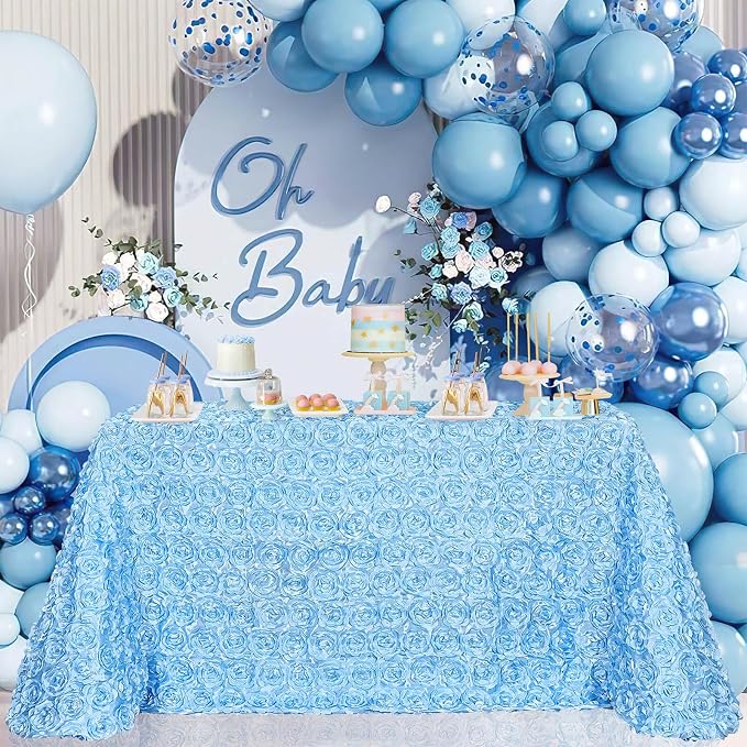 B-COOL Light Blue Rosette Tablecloth 3D Floral Satin Rectangle Table Overlay 60x102 Inch for Baby Shower Wedding Birthday Party Ceremony Floral Table Cloth