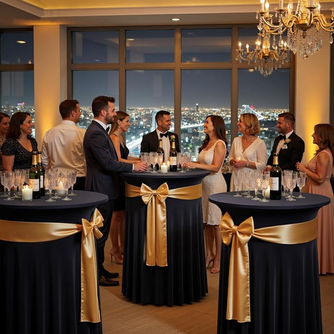 4 pk Navy Blue Cocktail Table Cloth Round 32×43in-High Top Highboy Bar Cocktail Tablecloths-Wrinkle Free Stretchy Fitted Spandex Table Covers with Ruffle Desk Skirt for Wedding Banquet Party Tables