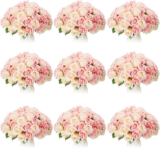 Jexine, 10 Bouquets Artificial Rose Flowers, 120 Pcs, Pink and White, Silk, DIY Bride, Home, Wedding Party Decorations