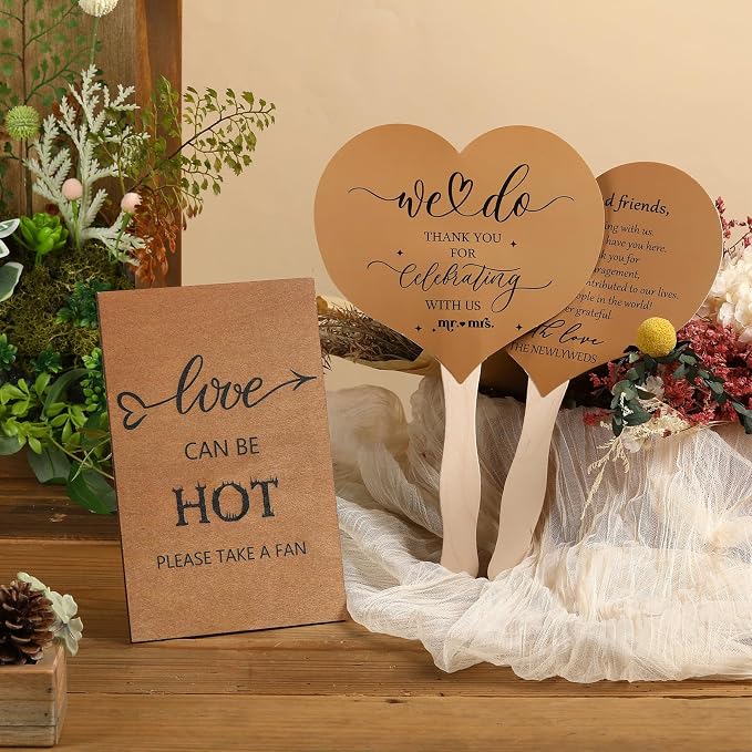 51 Pcs Wedding Fans for Guests Wedding Favor Paper Fans with Handle Bulk Table Sign for Ceremony Bridal Party Decoration(Brown,Classic)