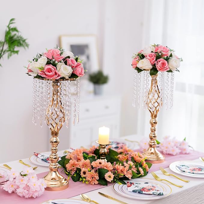 Gold Vases Centerpieces for Table: 19.3" Tall Flower Stand with Crystal Patent for Wedding Center Piece Party Event Set of 2