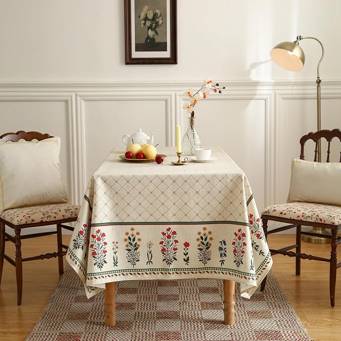 ISAENNE Designer French Linen Rectangular Tablecloth,110"x63"-Bertina E | Elegant Long Table Cloth for Rectangle Table,Colorful Floral Pattern,Dining Room,Tea Party,Kitchen,Thanksgiving,Decor