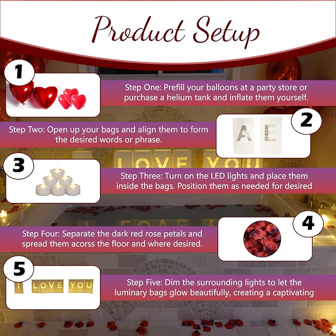 I Love You Luminary Bags with LED Tea Light Candles, Balloons, and Rose Petals – Romantic Decorations for Proposals, Anniversaries, and Special Moments