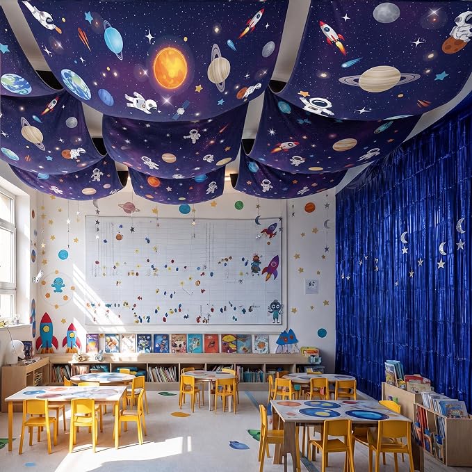 Irenare 5 Pcs Space Ceiling Decorations Planet Galaxy Party Decoration Set Astronaut Star Hanging Banner Dark Blue Tinsel Foil Fringe Curtain with Sparkling Stars for Space Astronaut Birthday Party