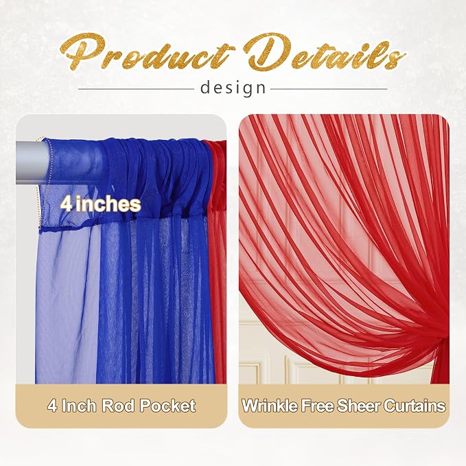 10x10ft Royal Blue Red Tulle Backdrop Curtain with Lights String for Parites, Sheer Photo Backdrop Curtains with lights for Wedding Backdrop Ceremony Reception Bridal Shower Baby Shower Birthday Party
