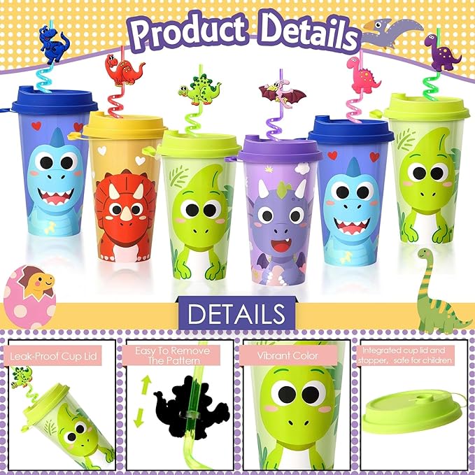 Dinosaur Party Favors for Kids, 24 Pack Dino Birthday Cups with Lids and Straws, 16oz Dinosaur Party Supplies, Goodie Bag Stuffers, Classroom Prizes, Boys Girls Birthday Decorations
